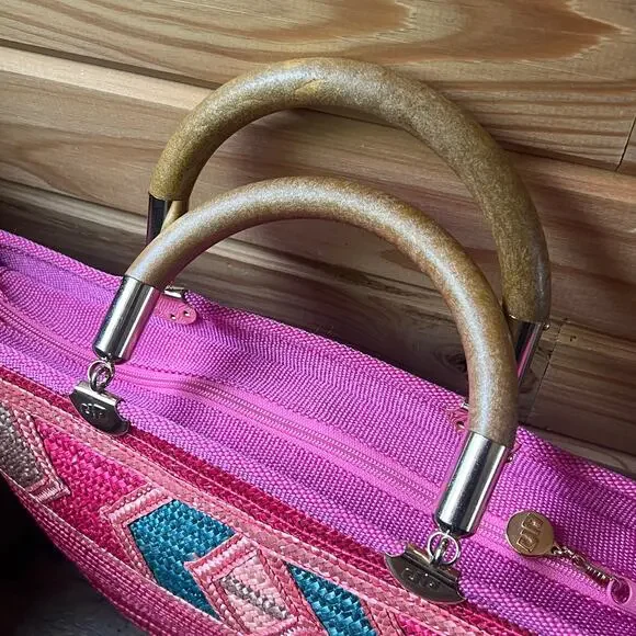 Hot Pink Woven Straw Tote Wood Handles Resort Bag Made in Italy NWOT Piergiorgio - Picture 3 of 16